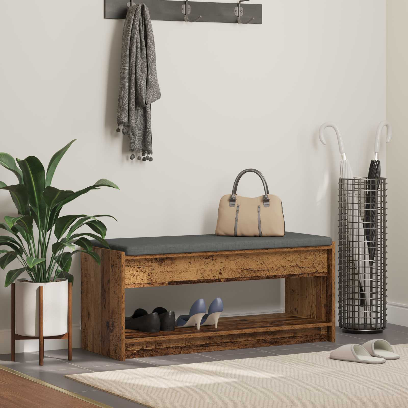 vidaXL Flurbank mit Kissen mit Regal Altholz 103 x 38 x 45 cm