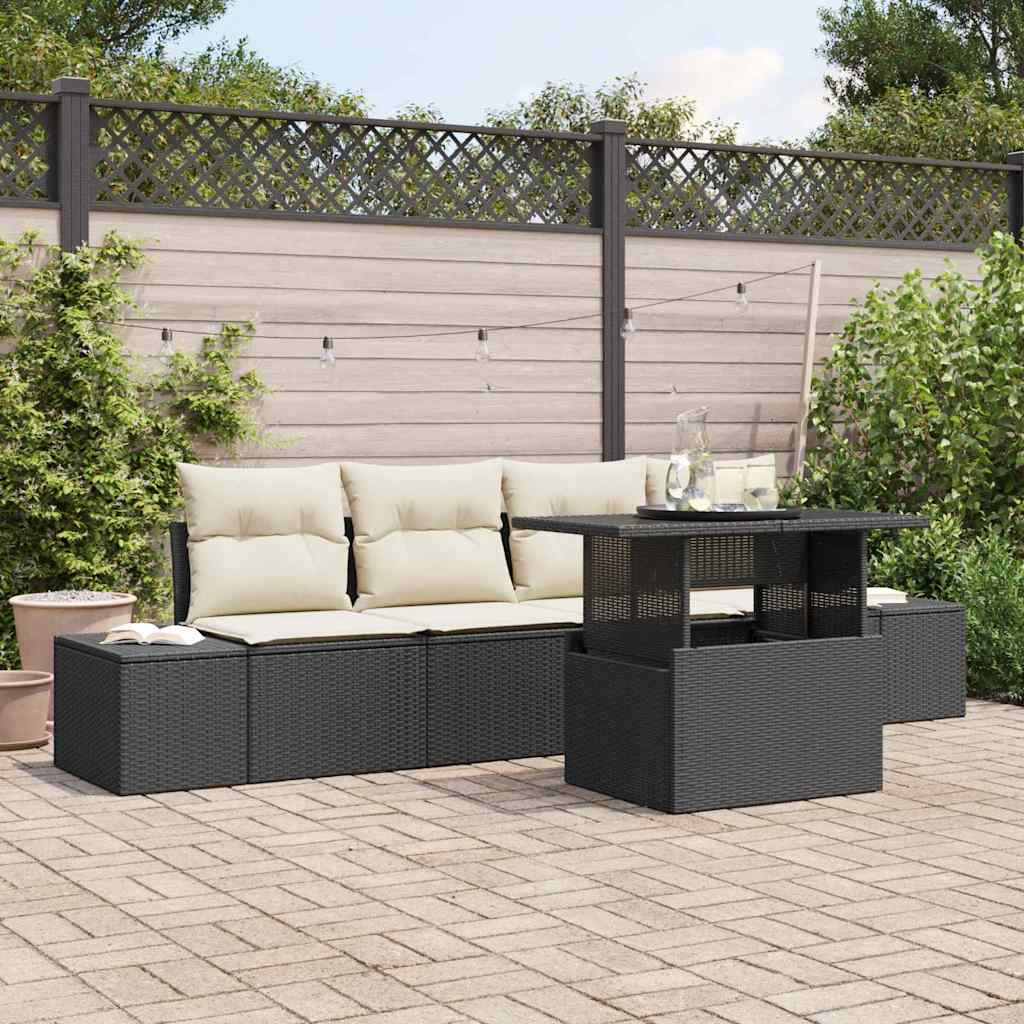 vidaXL Sofa Set mit Kissen 5 pcs Schwarz und Creme Poly-Rattan