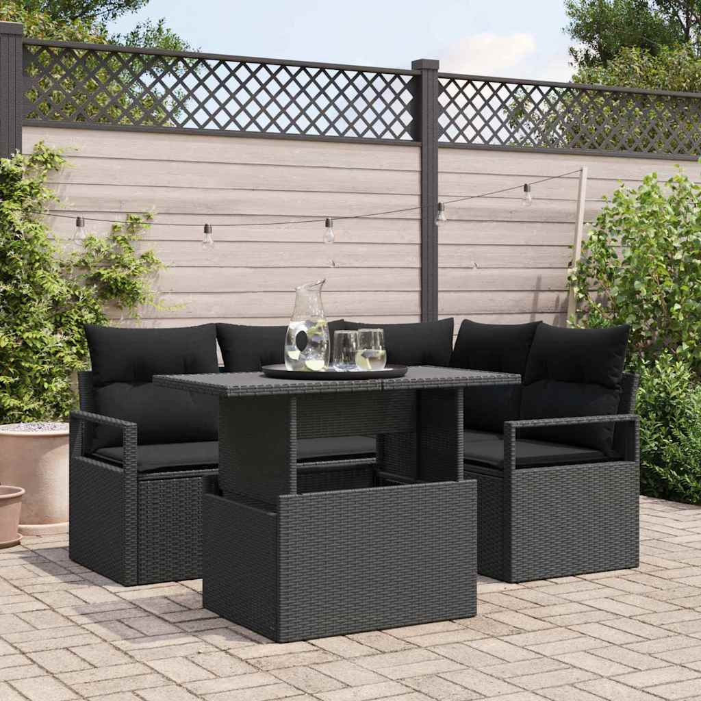 vidaXL Garten-Sofa-Set mit Kissen 5 pcs Schwarz Poly-Rattan