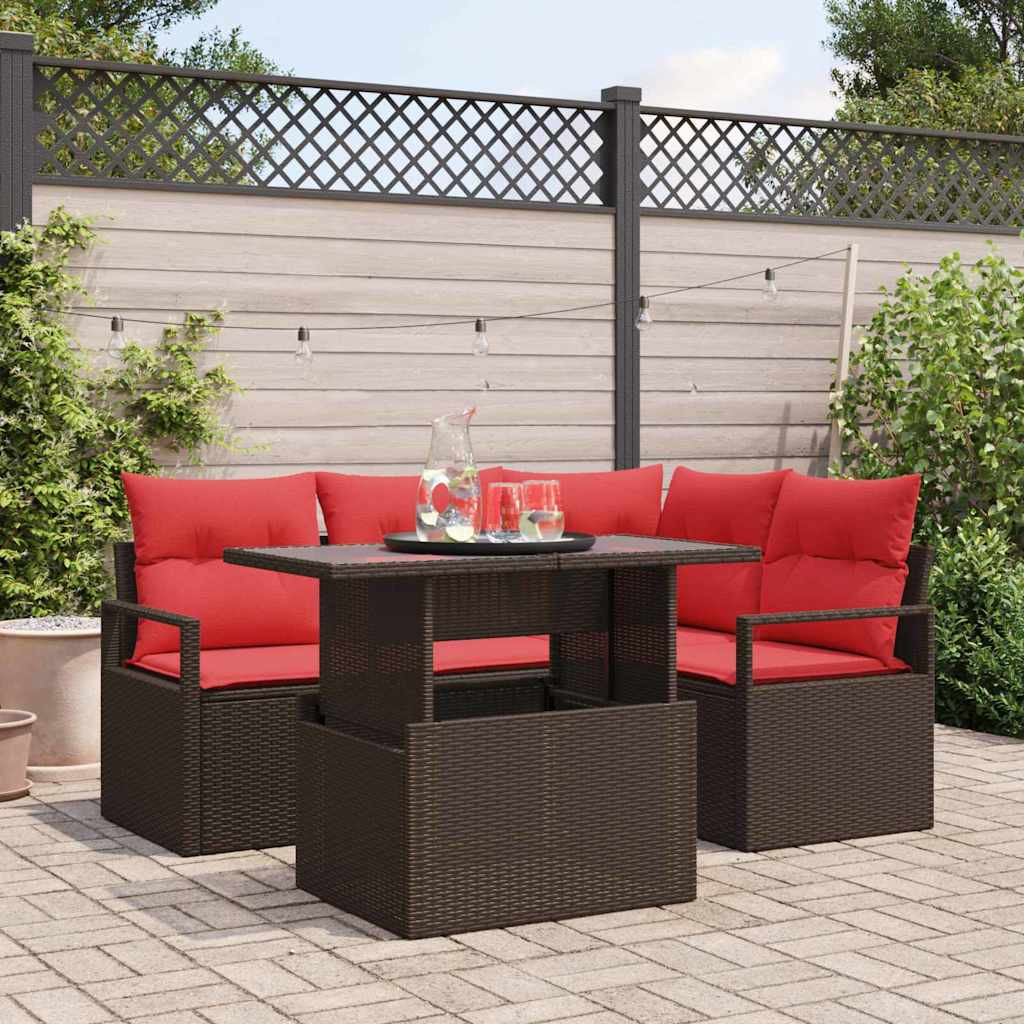 vidaXL Gartensofa-set mit Speicher 5 pcs Braun und Rot Poly-Rattan