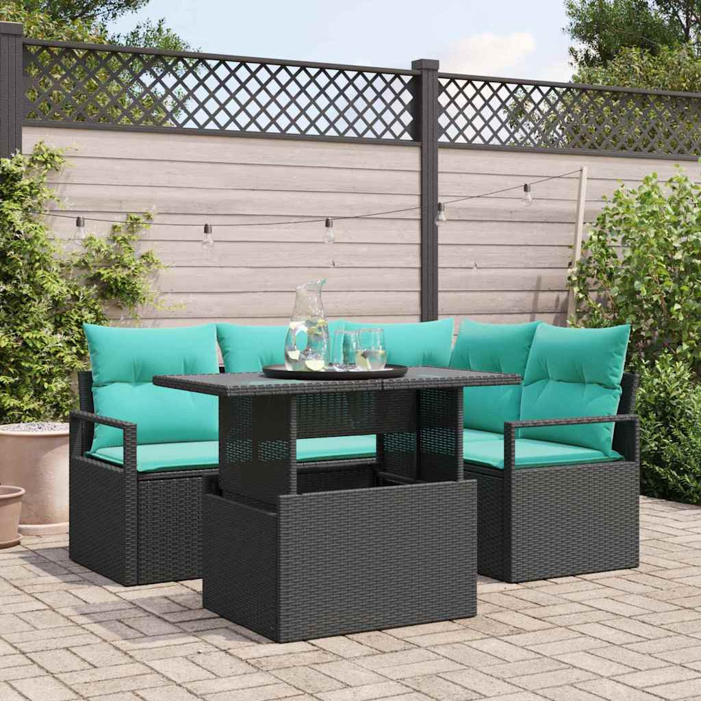 vidaXL Garten-Sofa-Set mit Kissen 5 pcs Schwarz und Blau Poly-Rattan