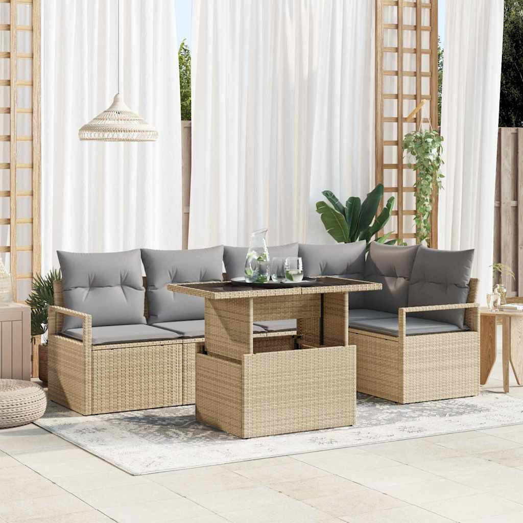 vidaXL Garten-Sofa-Set mit Kissen 6 pcs Beige und Hellgrau Poly-Rattan