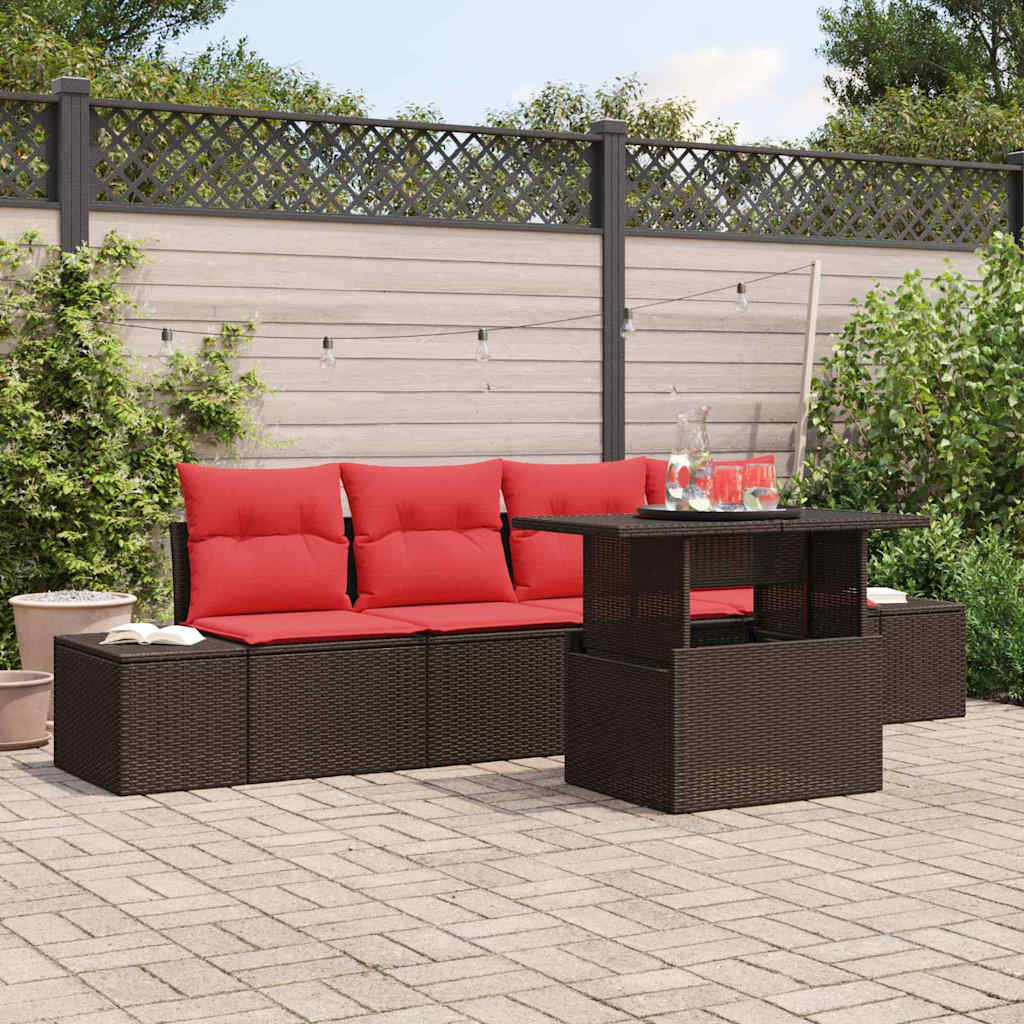 vidaXL Sofa Set mit Kissen 5 pcs Braun und Rot Poly-Rattan