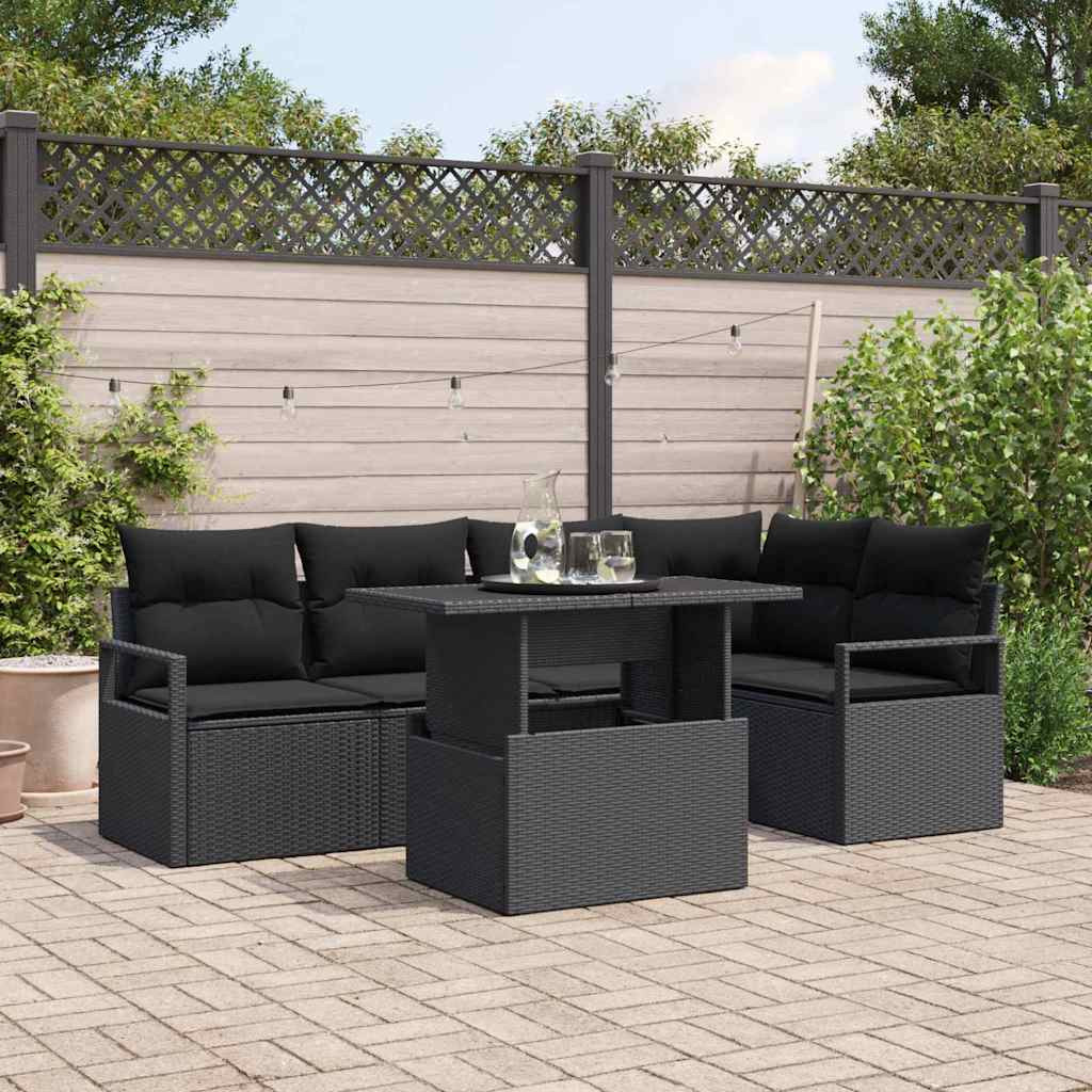 vidaXL Garten-Sofa-Set mit Kissen 6 pcs Schwarz Poly-Rattan