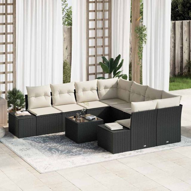 vidaXL Sofa Set mit Kissen 9 pcs Schwarz Poly Rattan