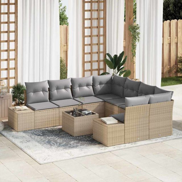 vidaXL Sofa Set mit Kissen 9 pcs Beige Poly Rattan