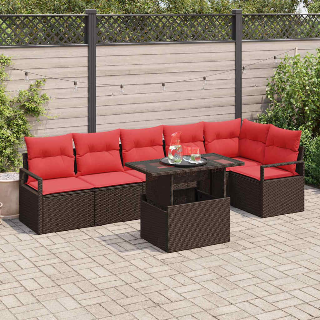 vidaXL Gartensofa-set mit Speicher 7 pcs Braun und Rot Poly-Rattan