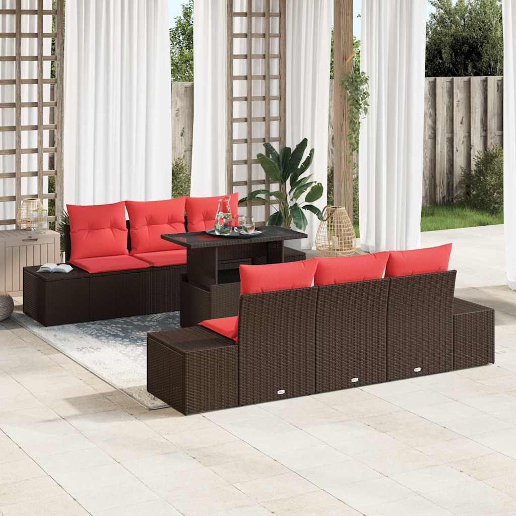 vidaXL Sofa Set mit Kissen 7 pcs Braun und Rot Poly-Rattan