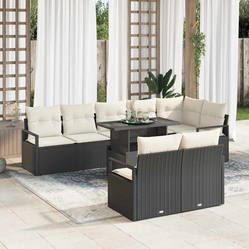 vidaXL Garten-Sofa-Set mit Kissen 9 pcs Schwarz und Creme Poly-Rattan