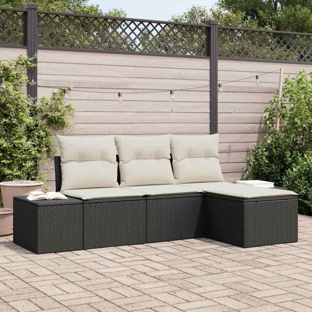 vidaXL Sofa Set mit Kissen 4 pcs Schwarz Poly Rattan