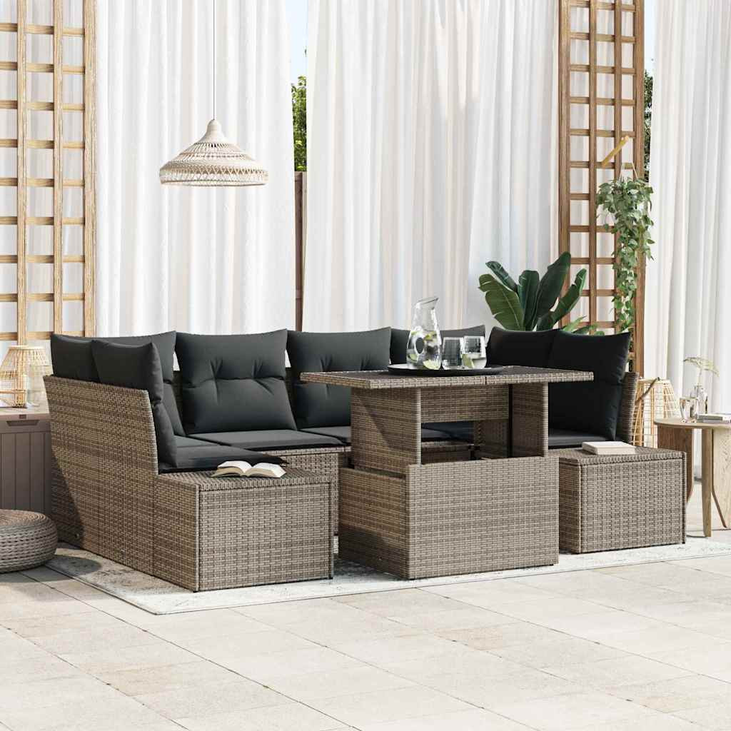vidaXL Sofa Set mit Kissen 7 pcs Grau Poly-Rattan