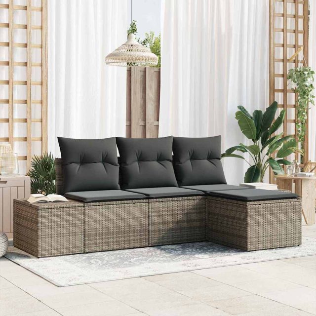 vidaXL Sofa Set mit Kissen 4 pcs Grau Poly Rattan