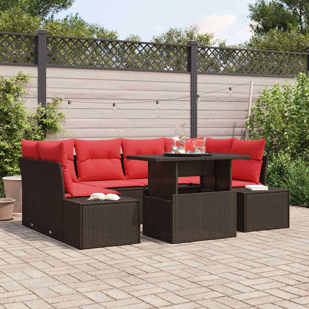vidaXL Sofa Set mit Kissen 7 pcs Braun und Rot Poly-Rattan
