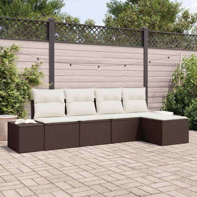 vidaXL Sofa Set mit Kissen 5 pcs Braun Poly Rattan