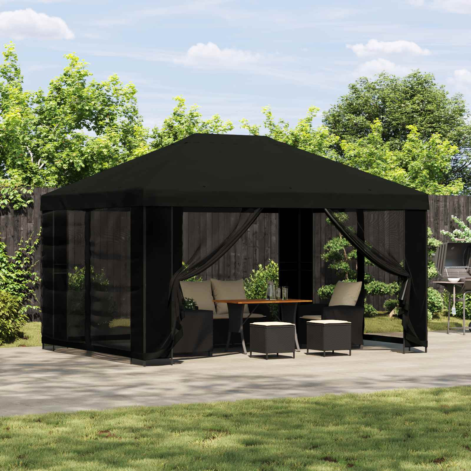 vidaXL Pavillon mit Seitenwänden 4 x 3 m Schwarz Polyester und Stahl