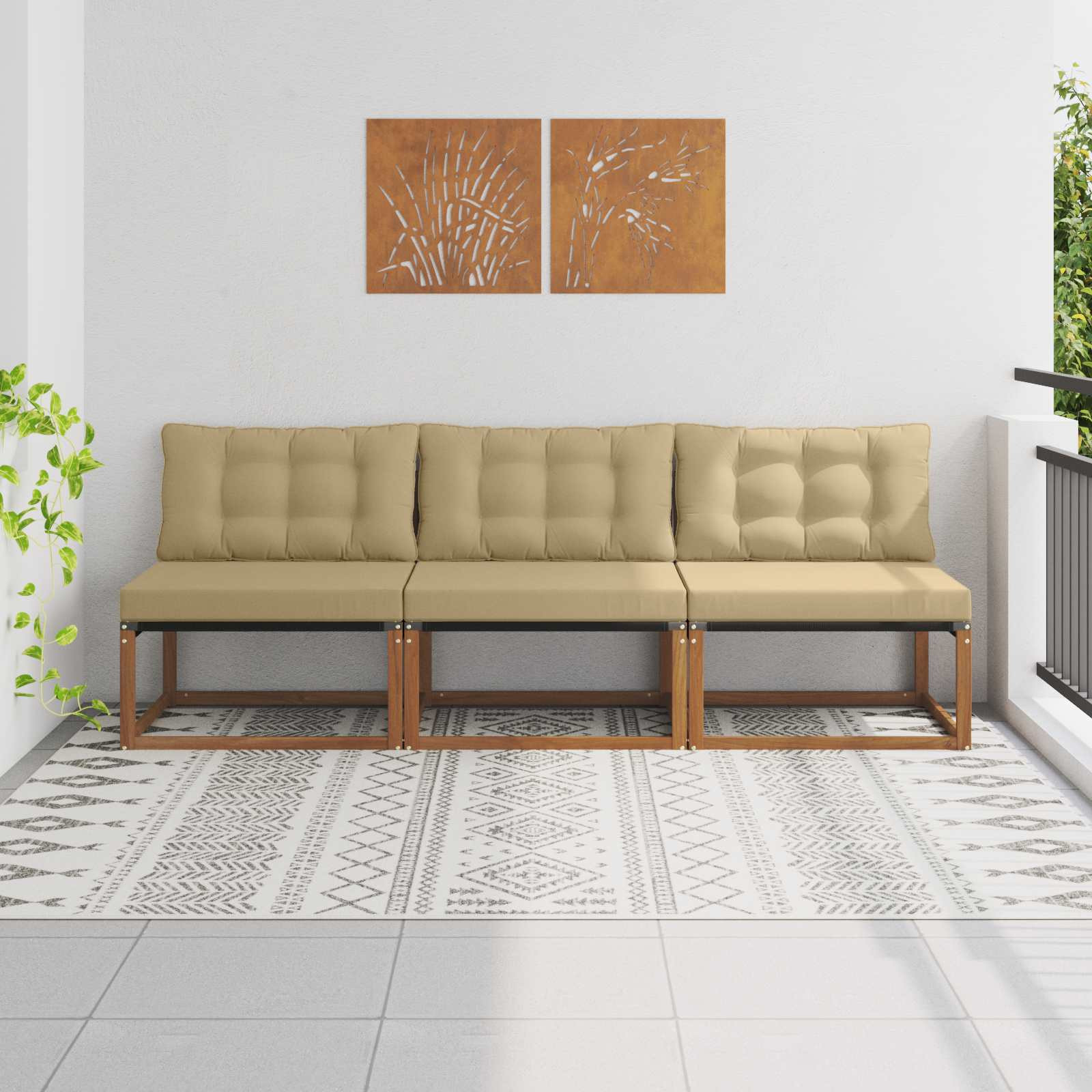 vidaXL 3 Stück Outdoor Mittelsofa Massives Akazienholz und Textilene