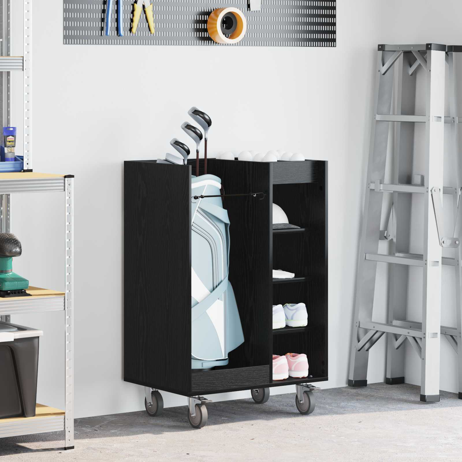 vidaXL Golf Schrank Mit Rad Uni Schwarz Eichen-Optik 65 x 45 x 98 cm