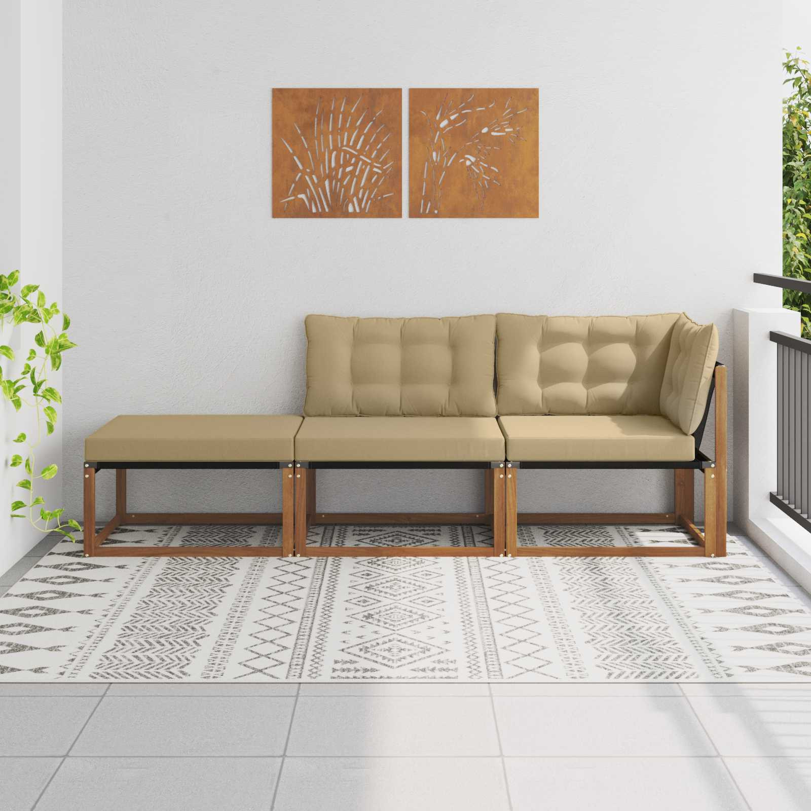 vidaXL Ecksofa-Einheiten für draußen mit Kissen 3 Stück Natur