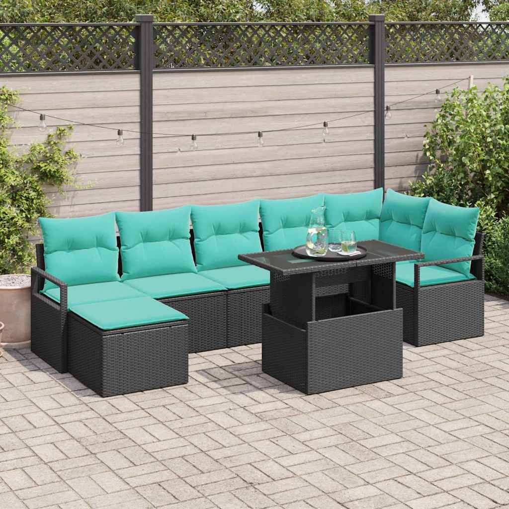 vidaXL Garten-Sofa-Set mit Kissen 8 pcs Schwarz und Blau Poly-Rattan