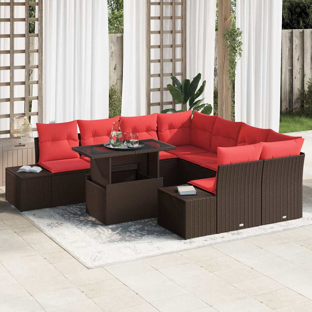 vidaXL Gartensofa-set mit Kissen 9 pcs Braun und Rot Poly-Rattan