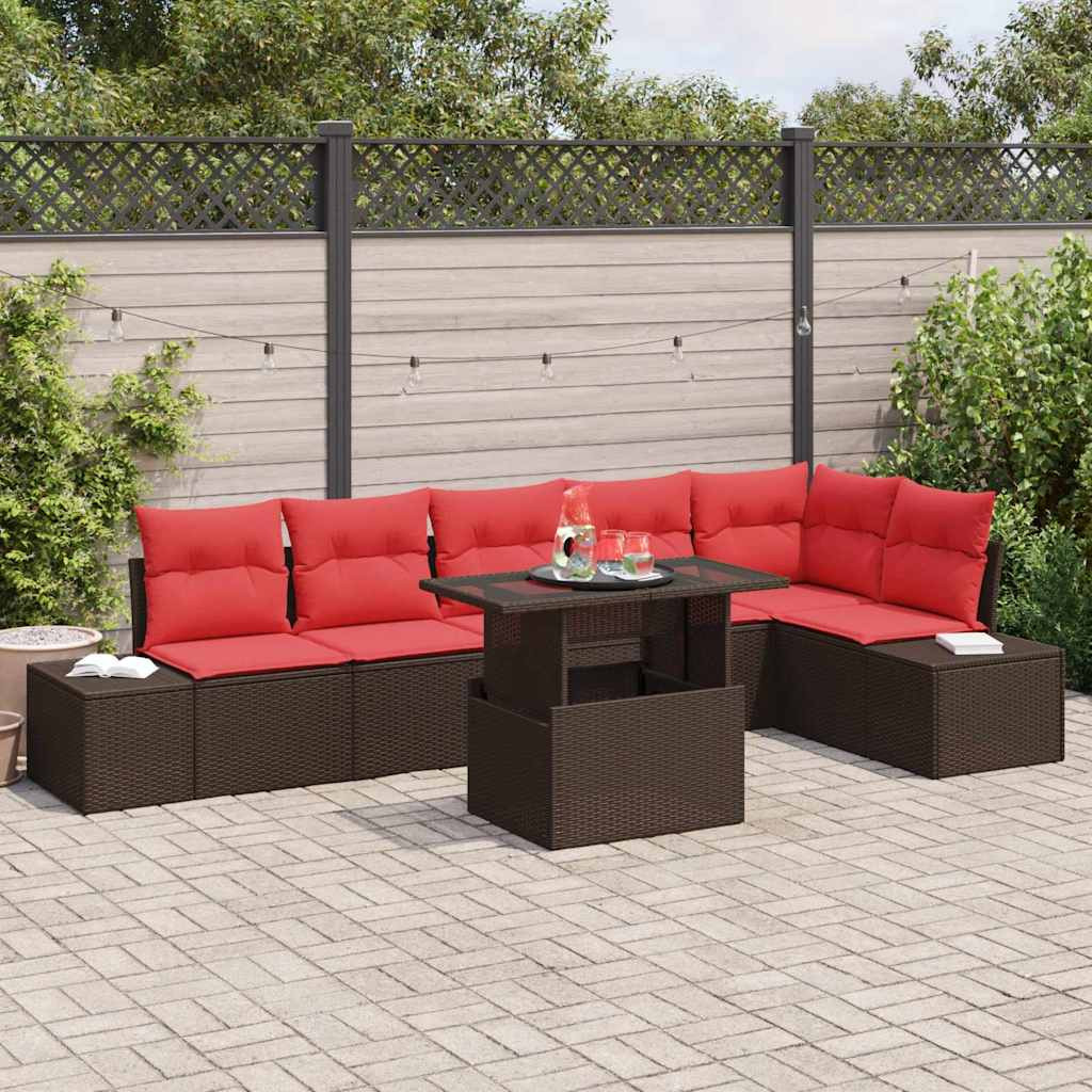 vidaXL Gartensofa-set mit Kissen 7 pcs Braun und Rot Poly-Rattan