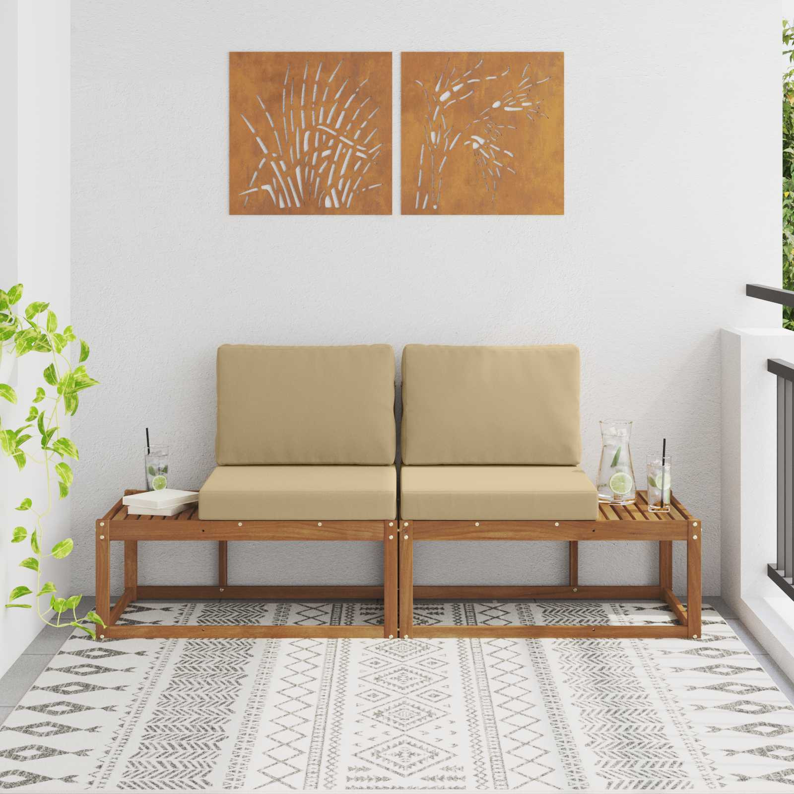 vidaXL Outdoor End Sofa 2 Stück Natur und Beige Massivholz Akazie