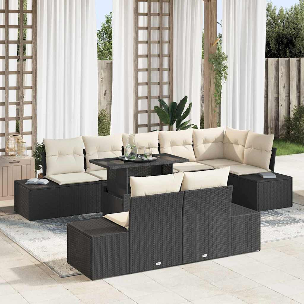vidaXL Garten-Sofa-Set mit Kissen mit Speicher 9 pcs Schwarz und Creme