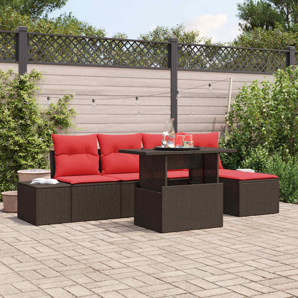 vidaXL Gartensofa-set mit Kissen 6 pcs Braun und Rot Poly-Rattan