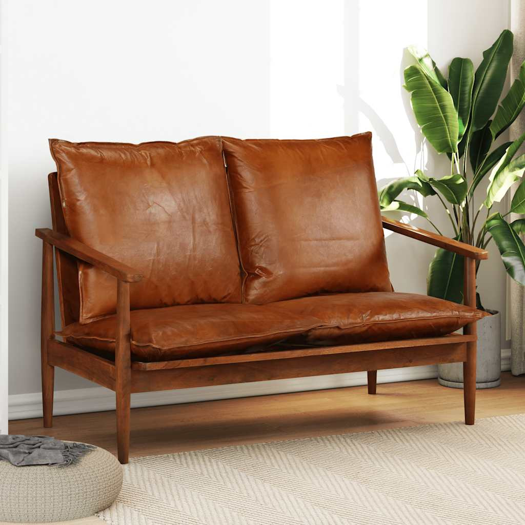 vidaXL 2-Sitzer-Sofa Echtleder Akazienholz Braun