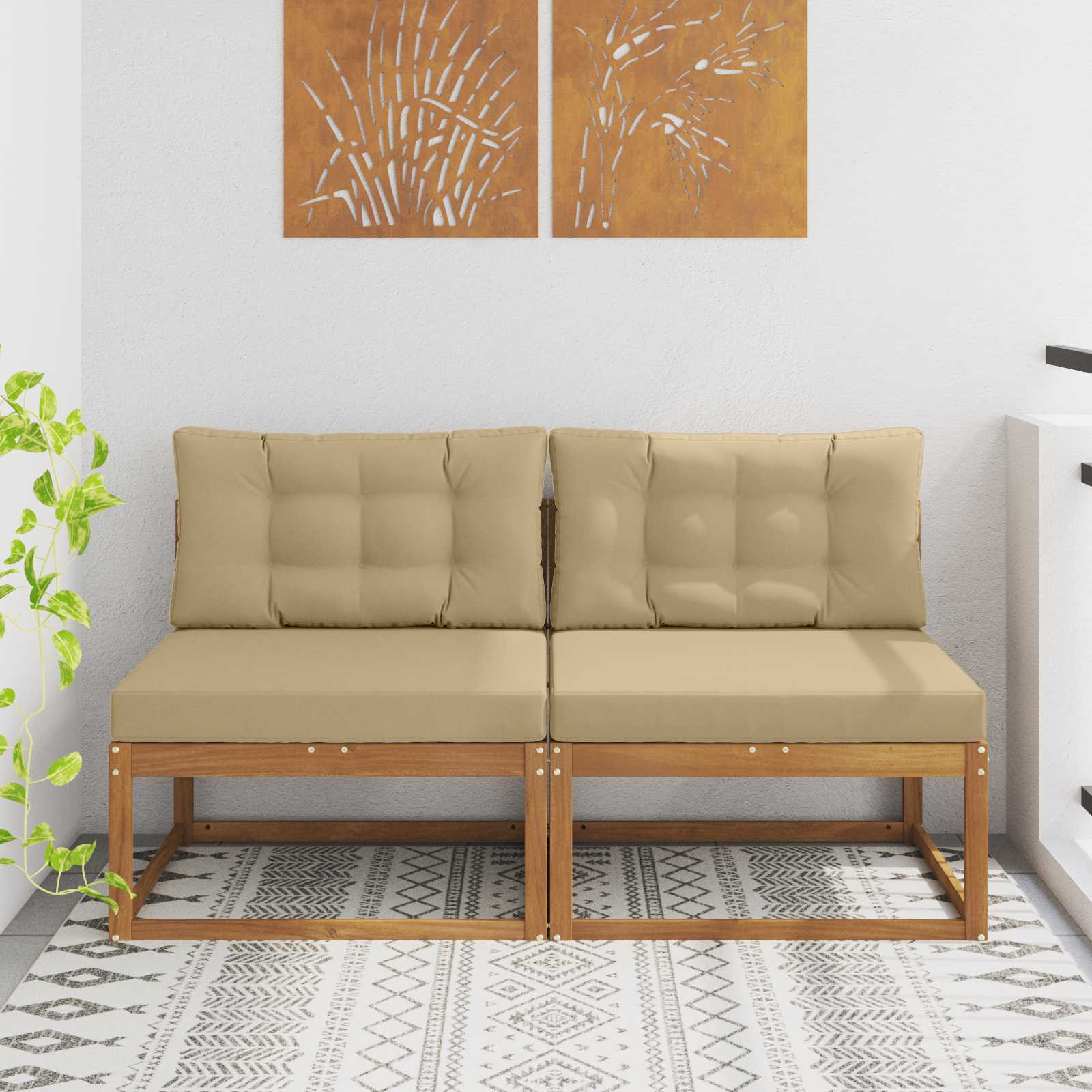 vidaXL Outdoor Mittelsofa mit Kissen 2 Stück Natur