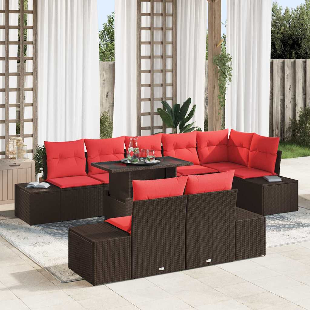 vidaXL Gartensofa-set mit Kissen 9 pcs Braun und Rot Poly-Rattan
