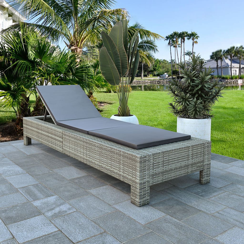vidaXL Sonnenliege mit Auflage Grau Poly Rattan