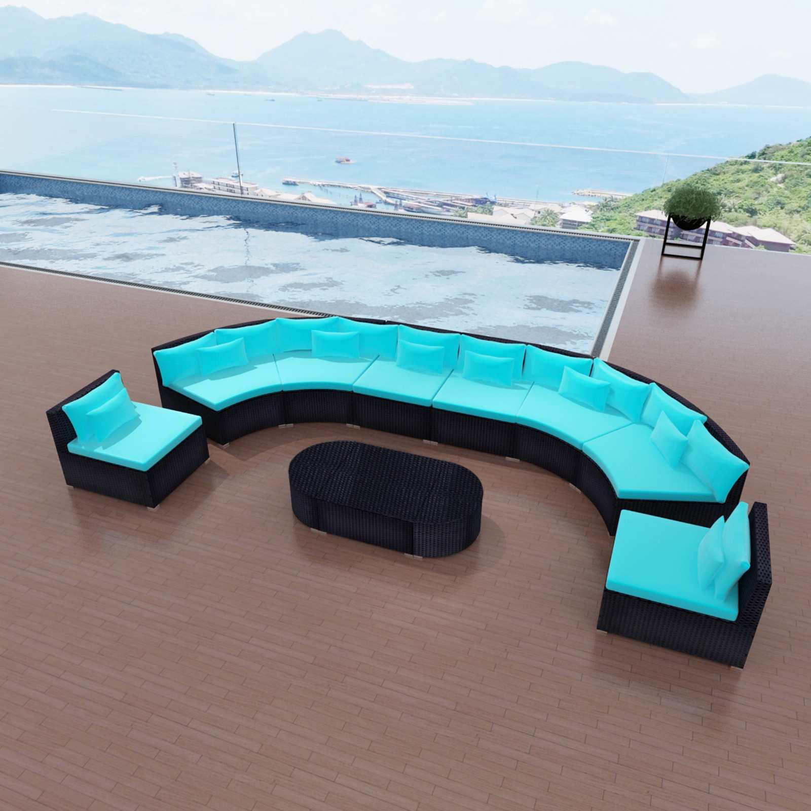 vidaXL Rundes Sofaset 11 pcs Blau Poly-Rattan