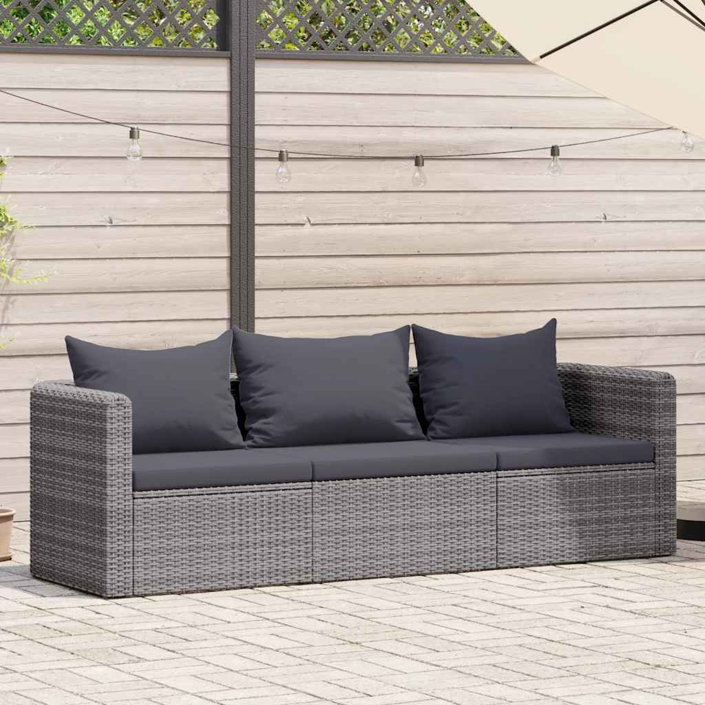 vidaXL 3-tlg. Garten-Sofagarnitur mit Kissen Grau Poly Rattan