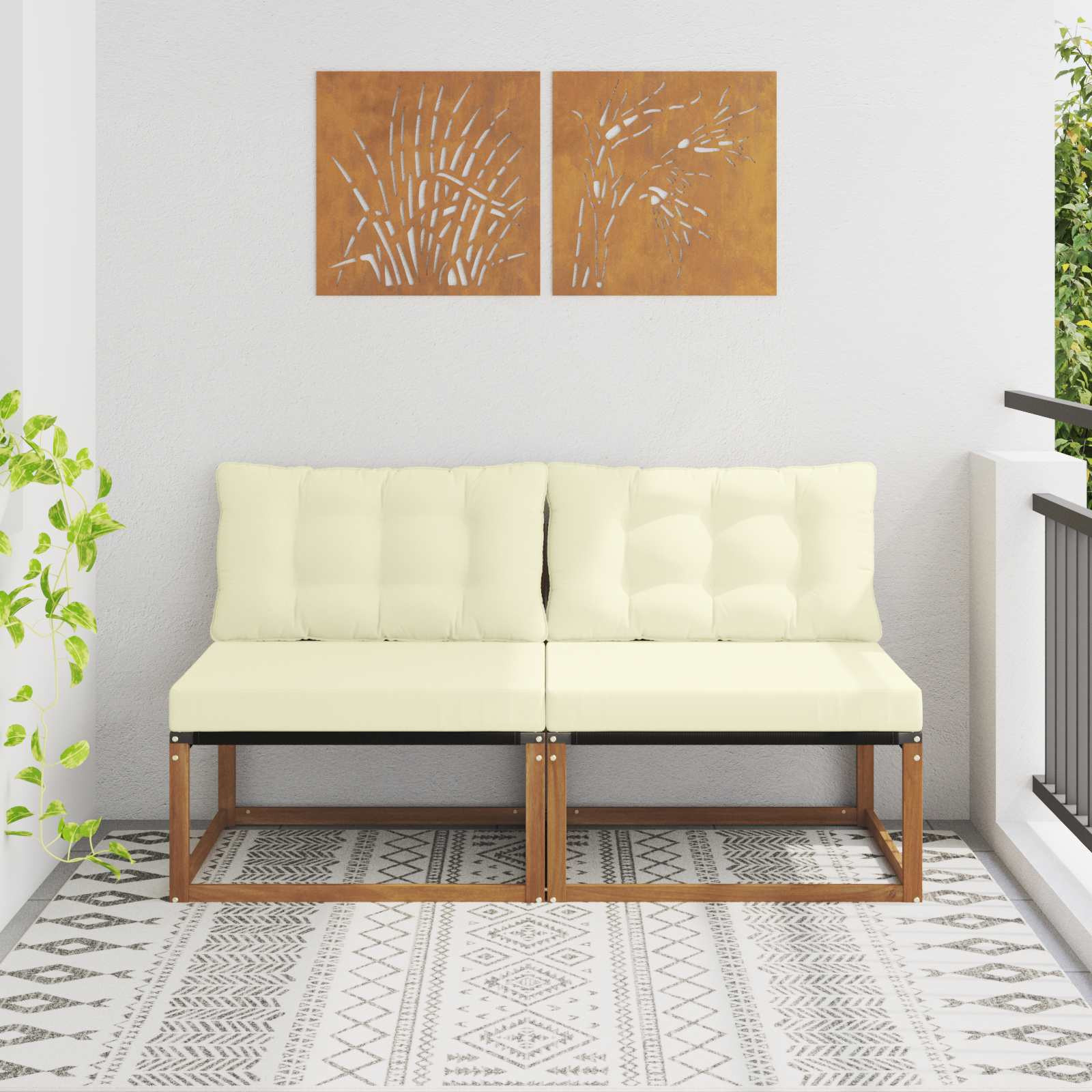 vidaXL 2 Stück Outdoor Mittelsofa Massives Akazienholz und Textilene