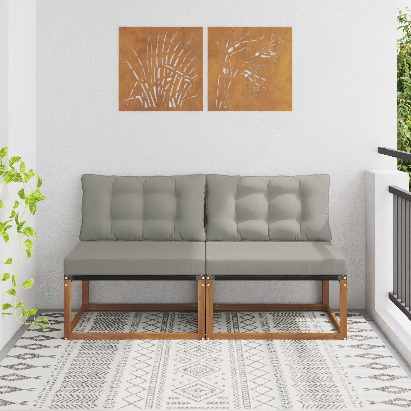 vidaXL 2 Stück Outdoor Mittelsofa Massives Akazienholz und Textilene