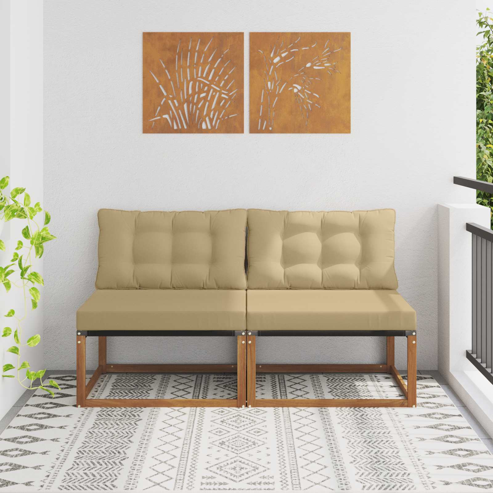 vidaXL 2 Stück Outdoor Mittelsofa Massives Akazienholz und Textilene