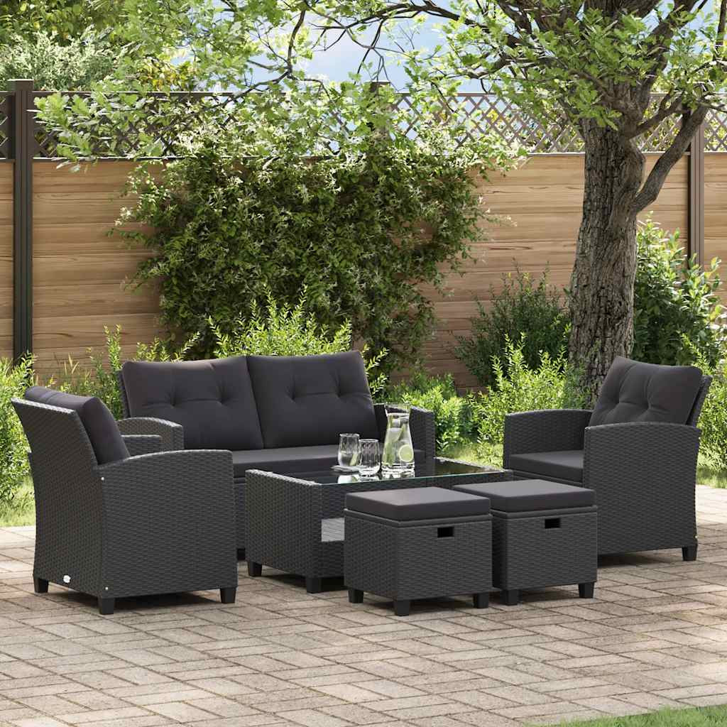 vidaXL 6-tlg. Garten-Sofagarnitur mit Auflagen Poly Rattan Schwarz