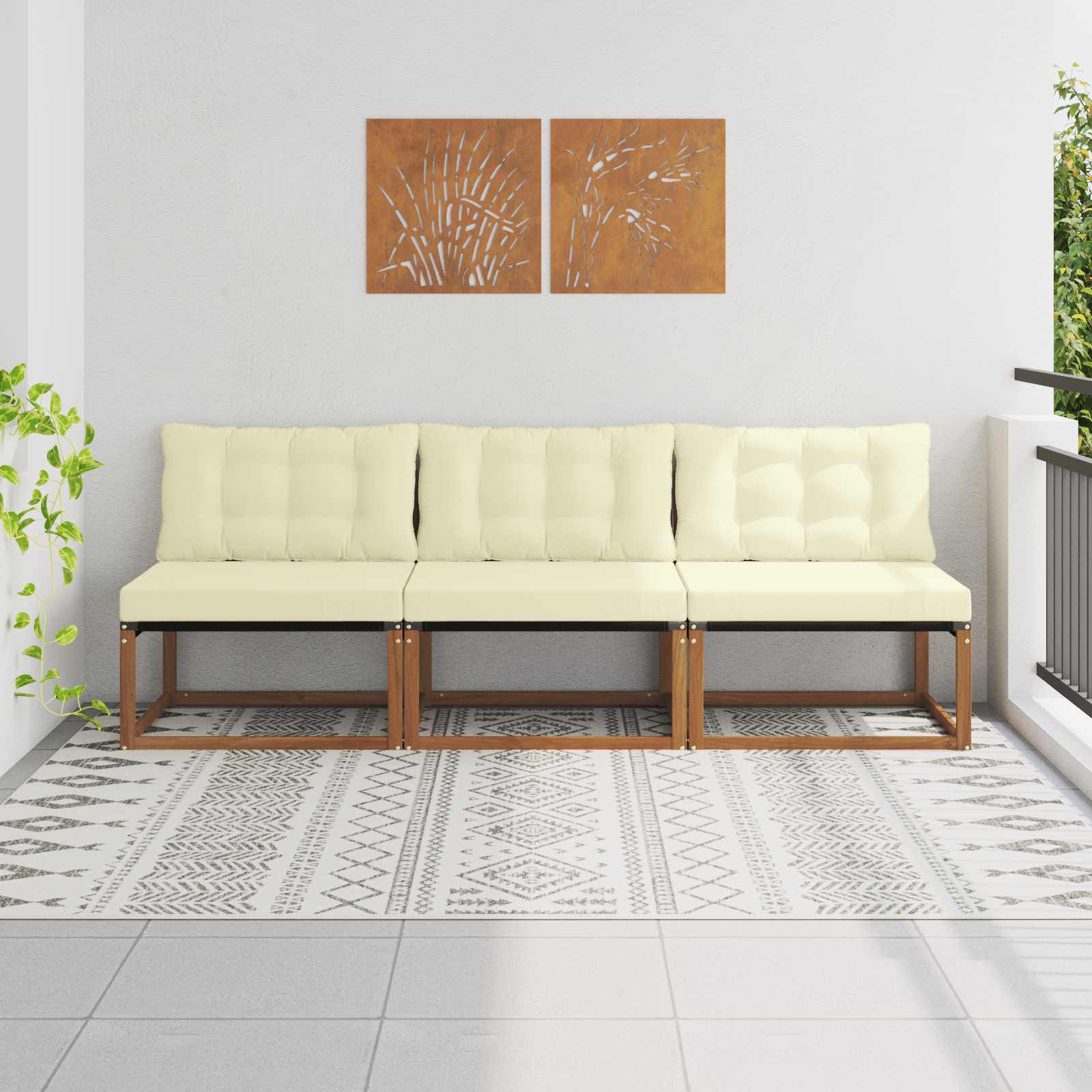 vidaXL 3 Stück Outdoor Mittelsofa Massives Akazienholz und Textilene