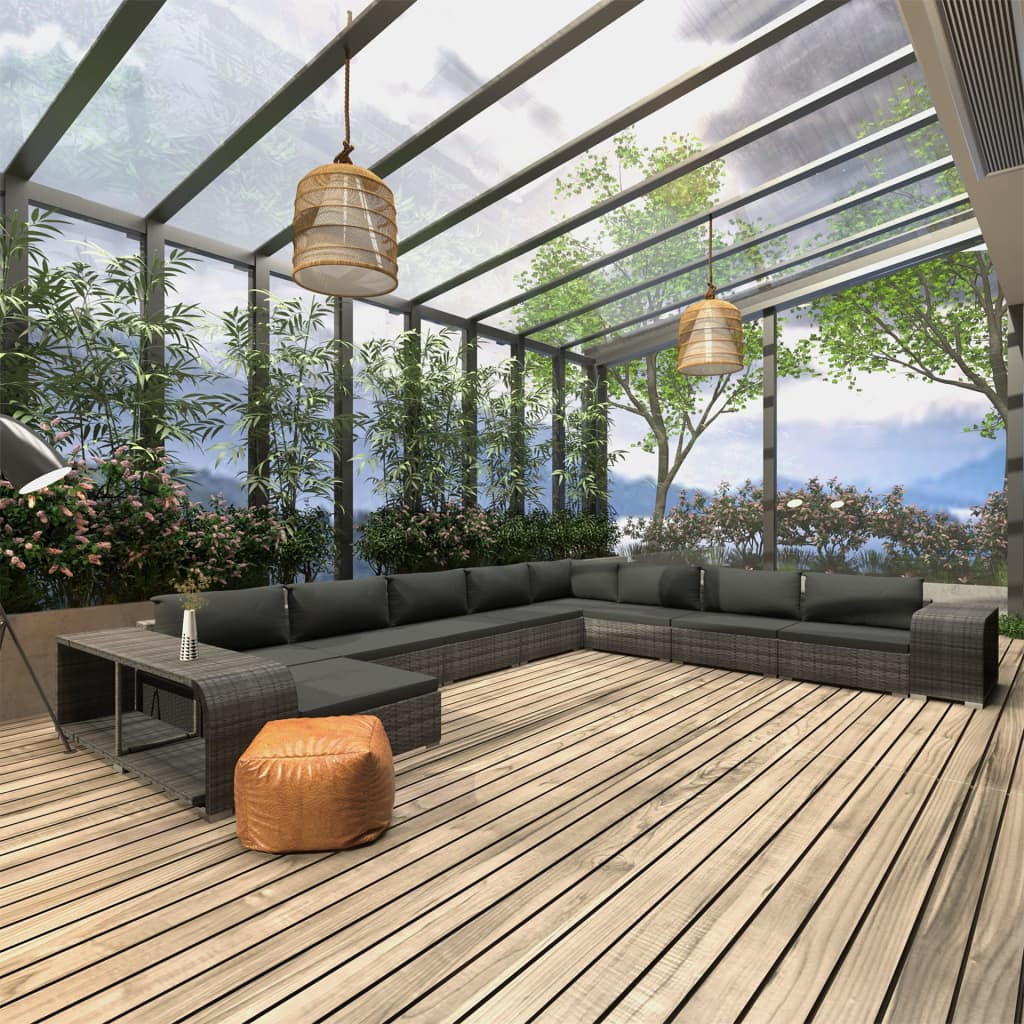 vidaXL 11-tlg. Garten-Lounge-Set mit Auflagen Poly Rattan Grau