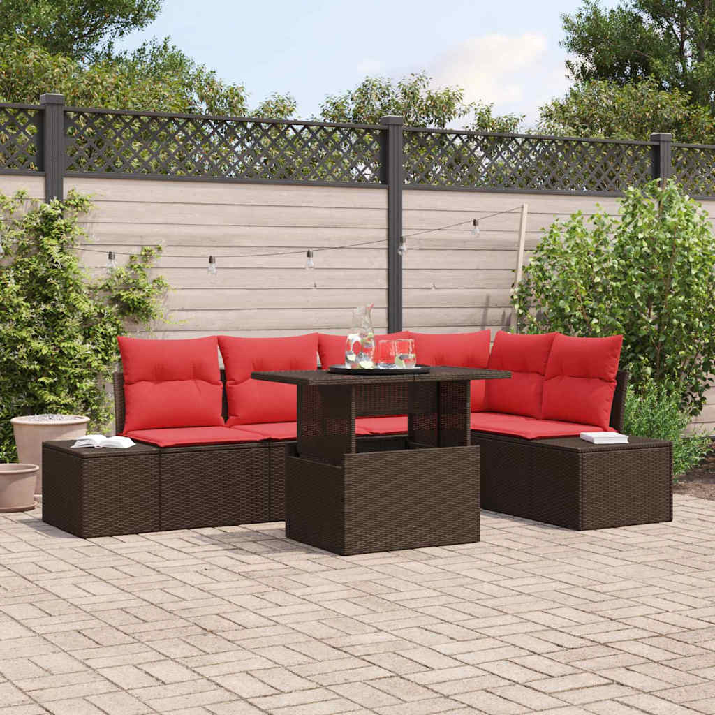 vidaXL Garten-Sofa-Set mit Kissen mit Speicher 6 pcs Braun und Rot