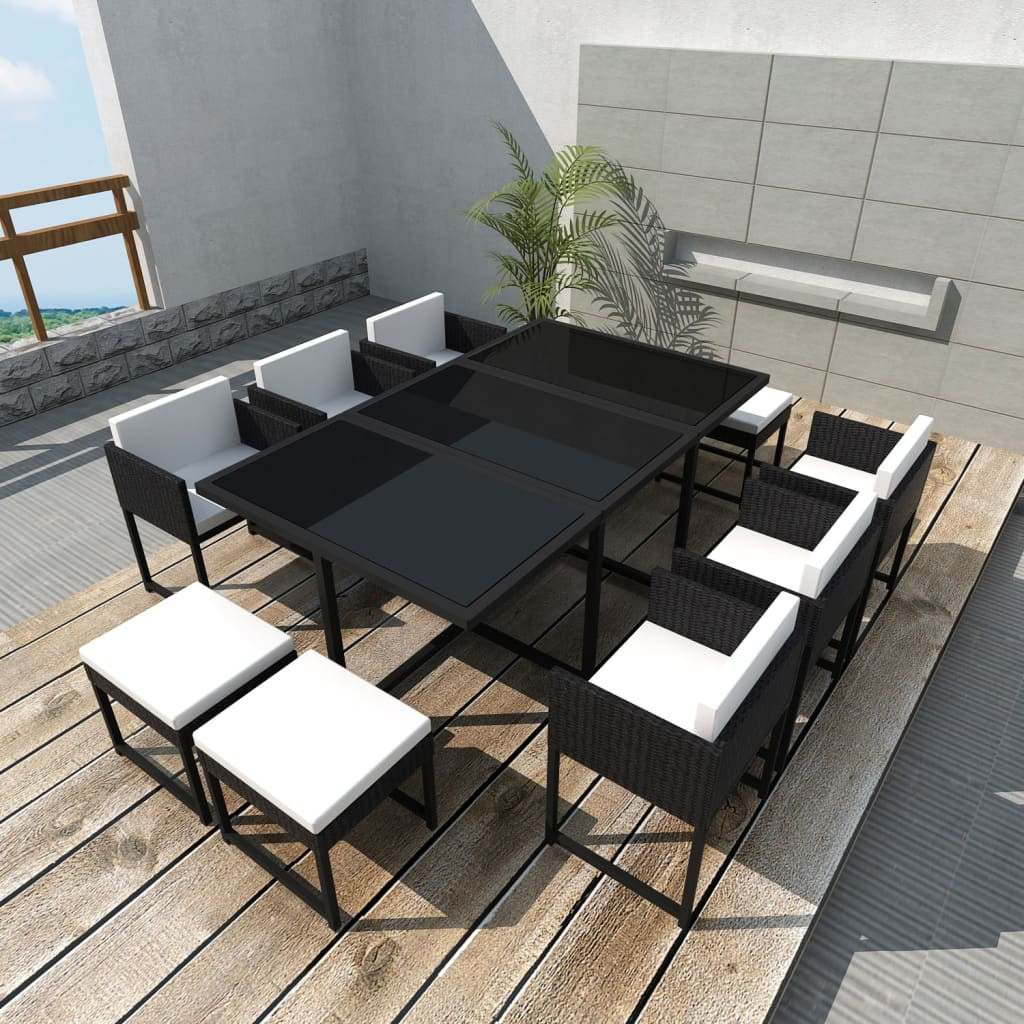 vidaXL 11-tlg. Garten-Essgruppe mit Auflagen Poly Rattan Schwarz