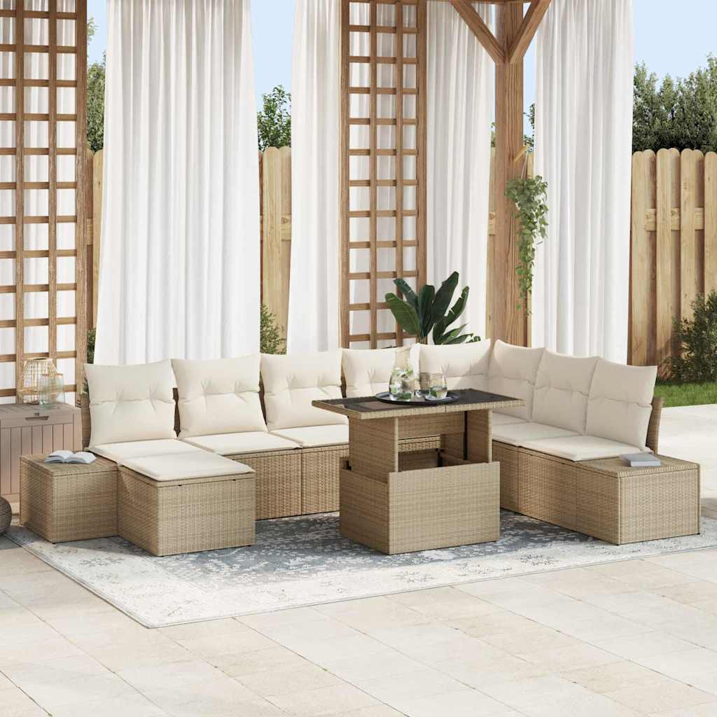 vidaXL Gartensofa-set mit Kissen 9 pcs Beige und Creme Poly-Rattan
