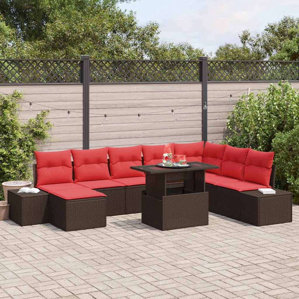 vidaXL Gartensofa-set mit Kissen 9 pcs Braun und Rot Poly-Rattan