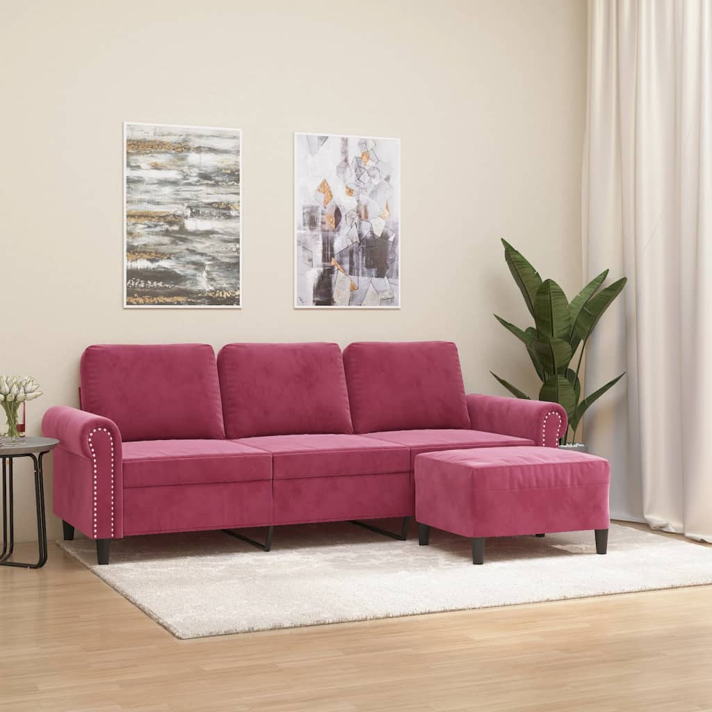 vidaXL 3-Sitzer-Sofa mit Hocker Weinrot 180 cm Samt