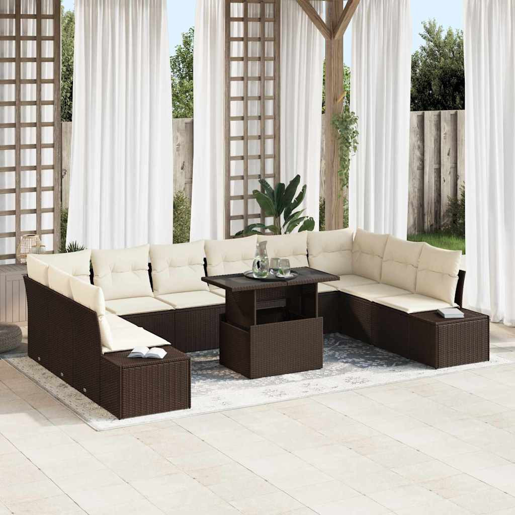 vidaXL Garten-Sofa-Set mit Kissen mit Speicher 11 pcs Braun und Creme