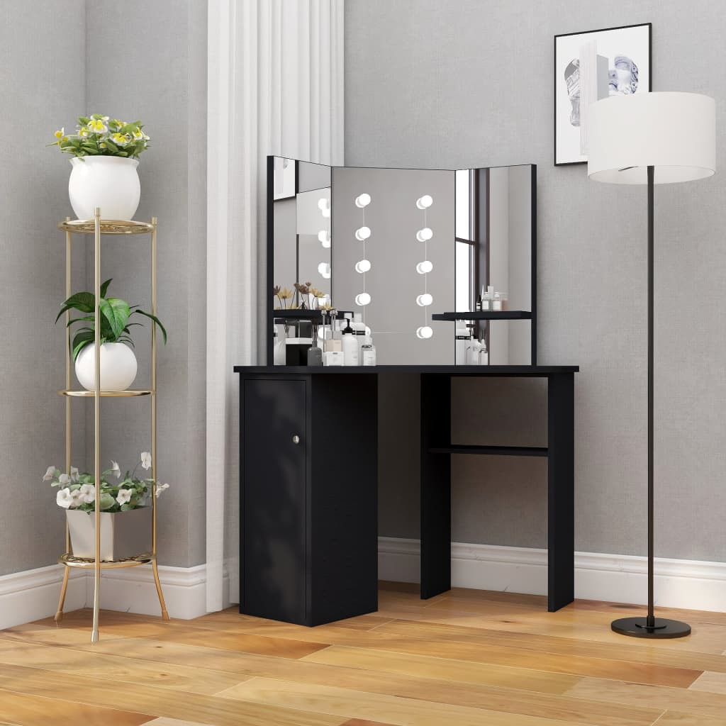 vidaXL Eck-Schminktisch mit LED Schwarz 111x54x141,5 cm