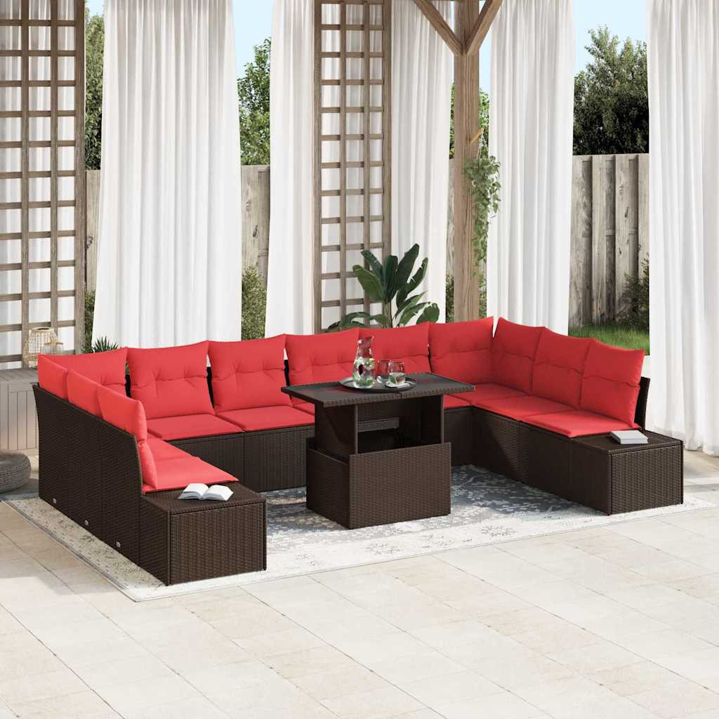 vidaXL Gartensofa-set mit Kissen 11 pcs Braun und Rot Poly-Rattan