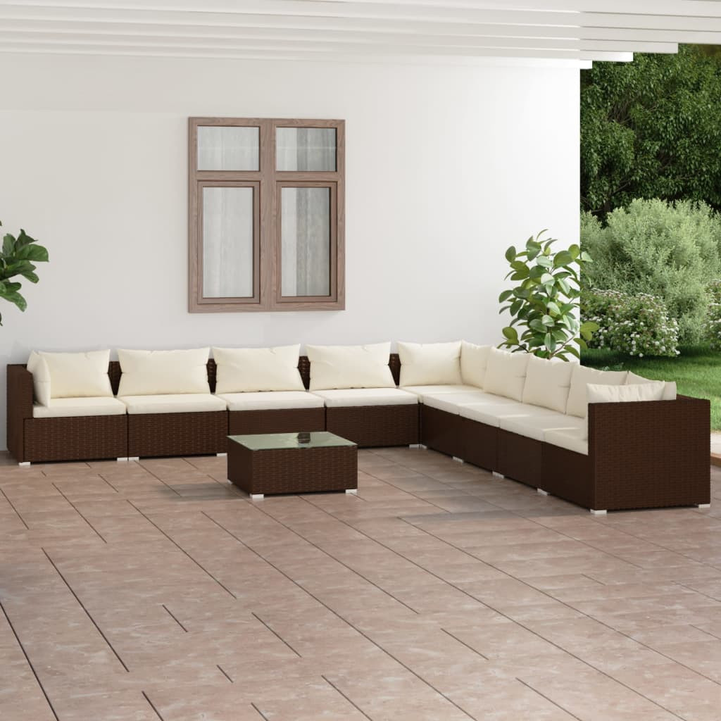 vidaXL 10-tlg. Garten-Lounge-Set mit Kissen Poly Rattan Braun