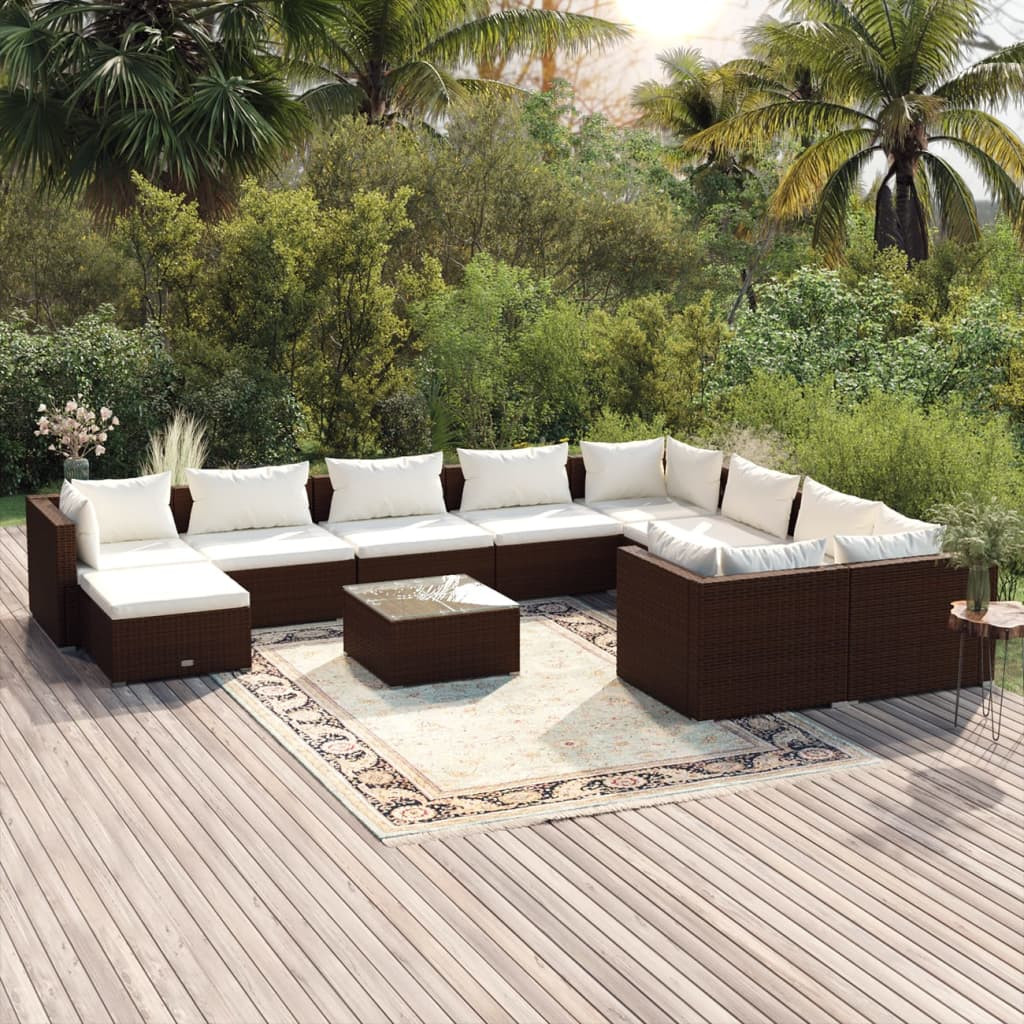 vidaXL 11-tlg. Garten-Lounge-Set mit Kissen Poly Rattan Braun